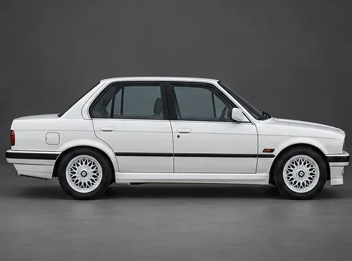 Left side of a white sedan, with both side windows closed.